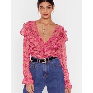 New without Tags Nasty Gal Cause A Stir Floral Ruffle Pink Blouse Size 2